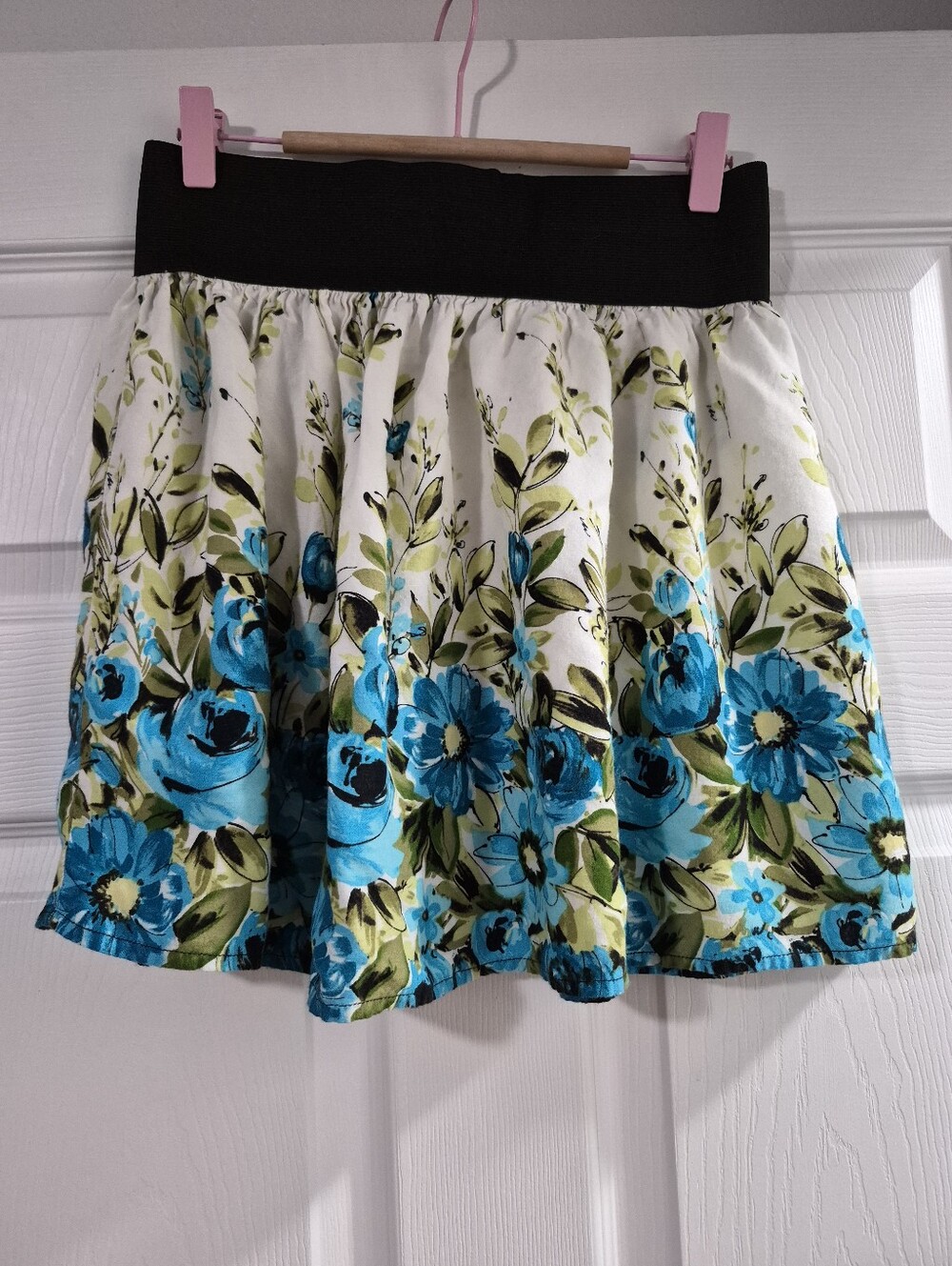 BCX Blue Floral Circle Skirt with Black Waistband